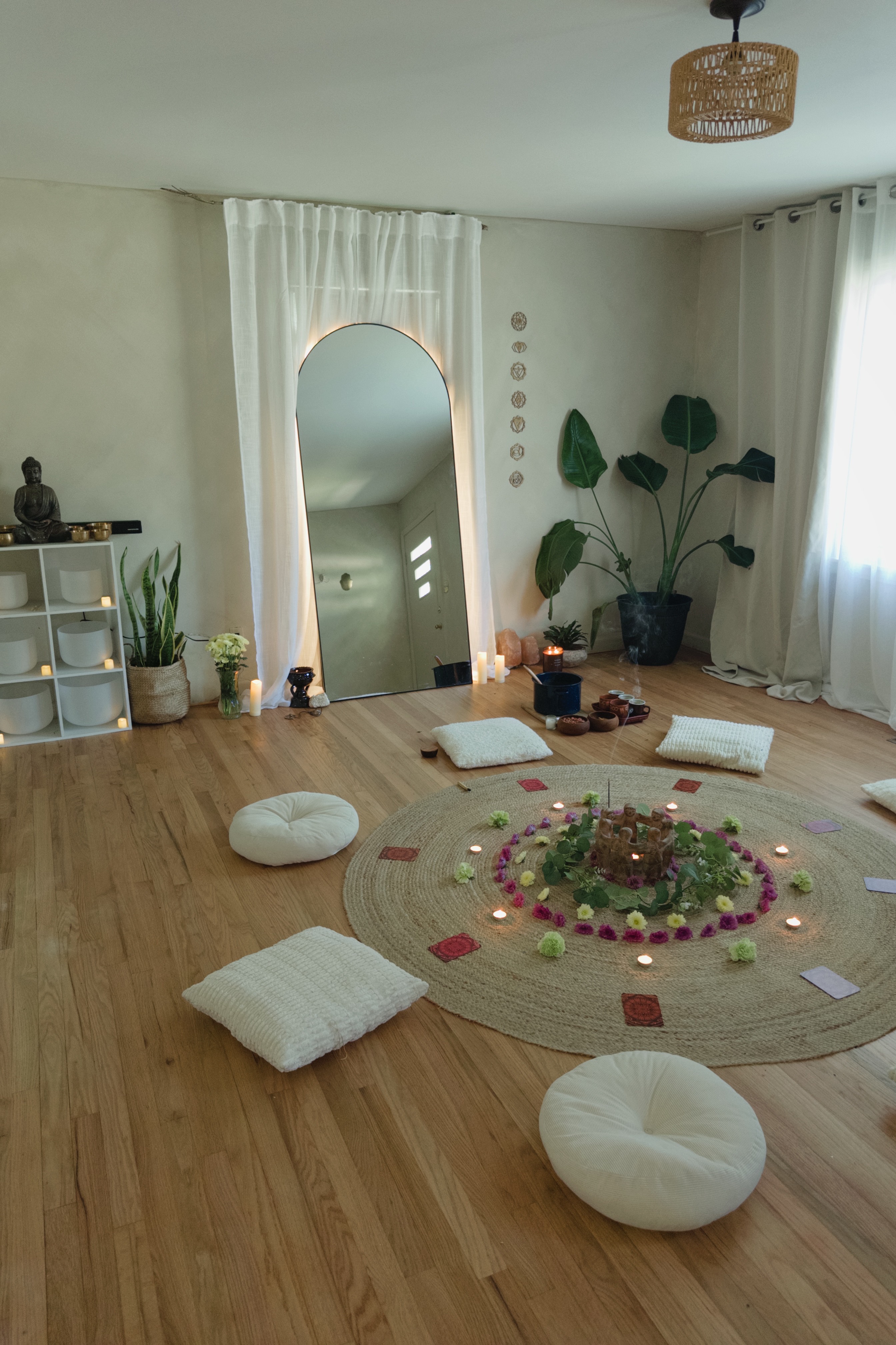Yoga props and equipment arranged mindfully